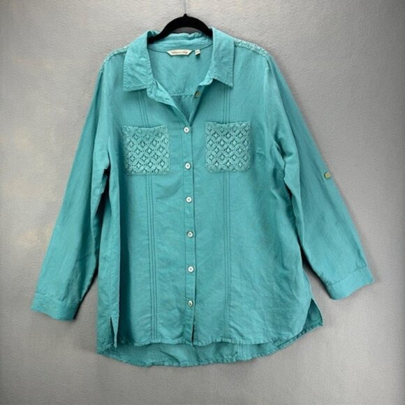 Soft Surroundings Tunic Top Womens Large Blue Linen Blend Button Up Lace Pockets - Picture 1 of 15